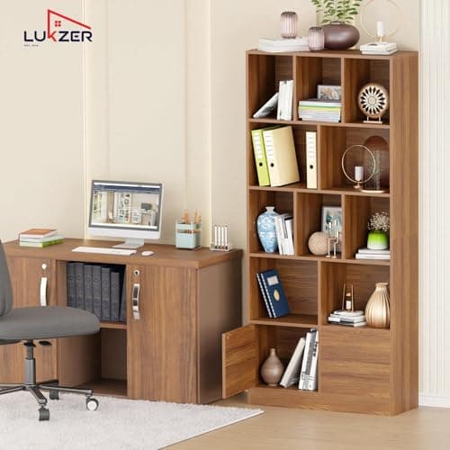 Lukzer 10 Open Cube Bookcase Storage Organizer with 2 Push Latch Doors Cabinet | Engineered Wood Multipurpose Bookshelf Display Rack for Home & Office | DIY Assembly (MR-033/Oak Brown/157x80x30 cm) 3