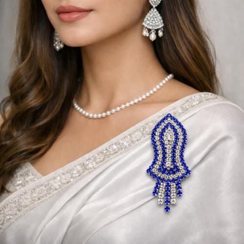 Brooch Pin Leaf Shape Rhinestone for Saree, Suit & Blazer (Blue) 4