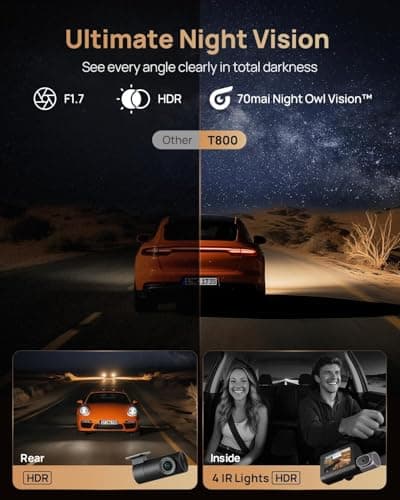 70mai 4K T800 3 Channel Dash Cam, Dash Cam Front and Rear Inside(2160P+1080P+1080P), STARVIS 2 IMX678 & IMX662, HDR Night Vision, WiFi 6, ADAS, Super-Capacitor, 24H Parking Mode, Upto 512GB Supported 3