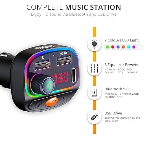 WeFly Car Bluetooth Device [Upgraded BT v5.3] with Call Receiver, FM Transmitter for Music System & Dual USB + Type C Charger; 7 Colour LED Lights; 6 EQ Presets; USB MP3 Support; Voice Assistant 3