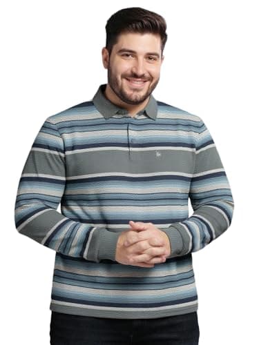 BULLMER Striped Textured Printed Polo Neck Fullsleeve Plus Size Tshirt with Rib for Men | Men’s Polo Tshirts in Plus Sizes only_Sky Blue_XX-Large