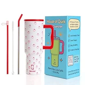 House of Quirk 1200ML Stainless Steel Tumbler with Handle & Lid, 2 Straws – Large Travel Mug Water Cup for Gym, Office & Outdoor Use (Strawberry)