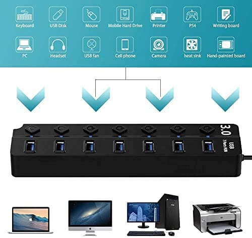 VIBOTON USB Hub with Type c OTG Dongle, USB Hub 7 Ports, 1 x 3.0 Port Cable Side, and 6 x 2.0 Ports, Hub for Laptop, 7-Port Hub with Individual Switches and Lights, High Speed Hub (Black) Cable - 30CM 5