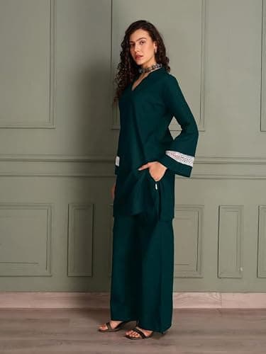TITTLI Women Pure Cotton Co-Ord Set | Solid Tunic & Trouser Set | Mandarin Collar & V-Neck Tunic with Full Sleeves & Lace | Casual Everyday Wear Set for Women | M | L | XL | XXL 4