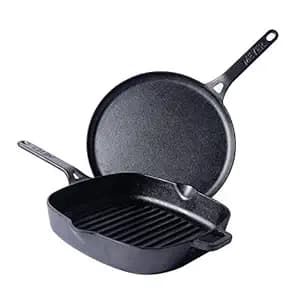 Meyer Pre-Seasoned Cast Iron 2 Piece Cookware Set - 25cm Grill pan + 28cm Flat Dosa Tawa | Iron Utensils for Cooking | Induction Cast Iron Combo | Cookware Set Combo Offer for Kitchen, Black