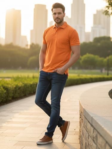 SMAN Men's Cotton Polo T-Shirt Regular Fit Half Sleeves with Pocket and Bottom Neck Collar for Casual and Daily Use. |(Large, Orange) 5