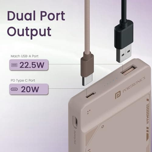 Portronics Luxcell Uno 10K 10000 mAh 22.5W Fast Charging Power Bank with Detachable Type C Cable, Ultra Slim Power Bank with Mach USB-A Output, Type C PD Output, Type C Input, Wake Up Button(Mocha) 4