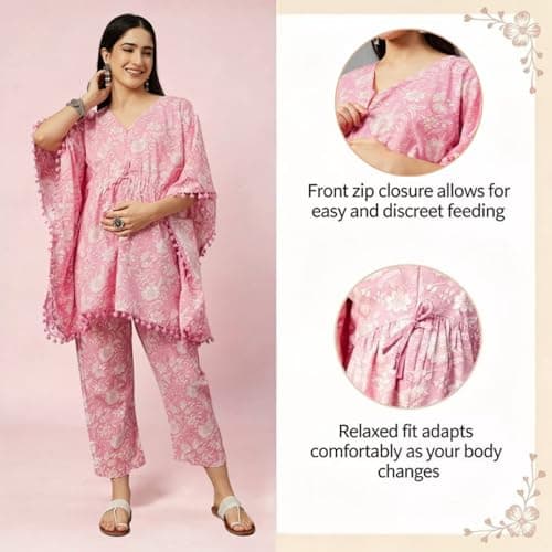 Aaheli Women’s Cotton V-Neck Printed Maternity Kaftan Set with Pant | Soft Nursing Wear | Comfortable Sleepwear for Pregnancy | Baby Pink, M 5