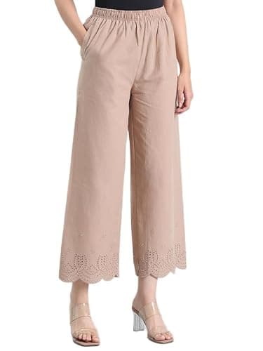 GO COLORS Women’s Cotton Hakoba Palazzo | Ankle Length, Schiffli Embroidery, Relaxed Fit, Mid-Rise with Side Pocket (Beige)