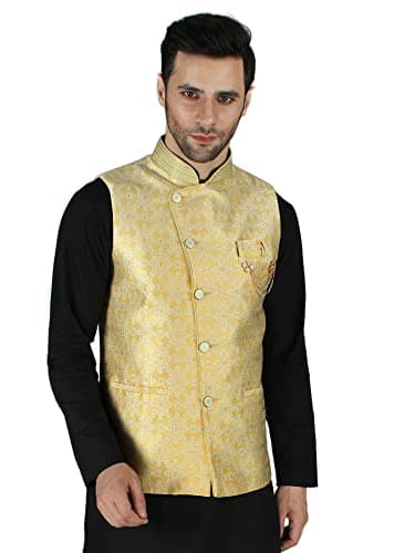 Exotic India Assymetric Jacquard silk modi Jacket waist coat with gold Enamel buttons