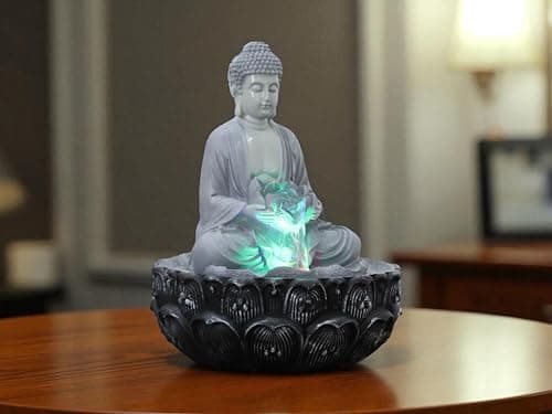 KridayKraft Meditating Buddha Water Fountain Idol Polyresin Lotus Water Fountain Showpiece for Home Garden Living Room Decor Decoration Gift Items, 24 CM 4