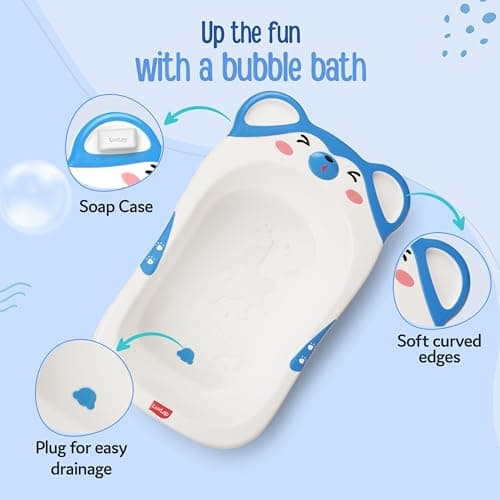 LuvLap Bubble Baby Bathtub (White & Blue) & Anti Slip Baby Plastic Bath Chair (Blue) for 6 Month - 3 Years, Bathtub with Drain Plug, Baby Bath Seat/Sling with Non Slip Suction Base 3