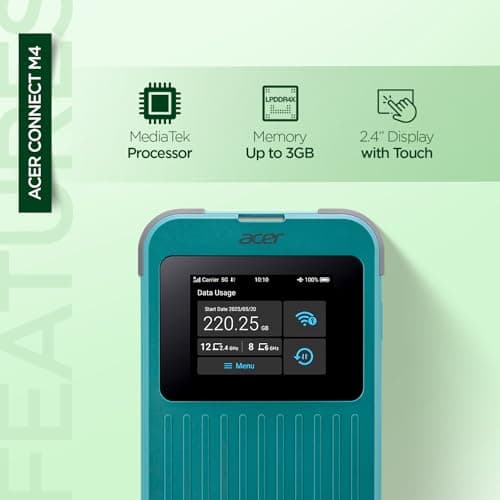 Acer Connect M4 5G Mobile Hotspot | WiFi 6 Dual Band | Connect up to 16 Devices | Access Networks in 135+ Countries I 2.4” Touchscreen | 8000mAh Battery | Tri SIM | Rugged IP68 | USB-C Fast Charging 3
