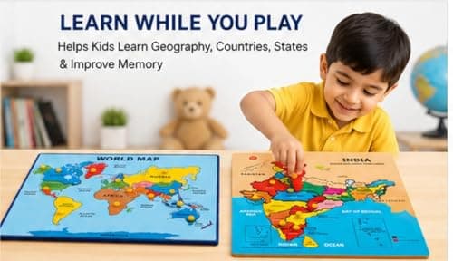 AAROSIYA Kids Wooden India and World Map Educational Puzzle Combo, Jigsaw and Brain Teaser, Non-Toxic, Enhances Motor Skills, 27 cm, 2 Pieces 3