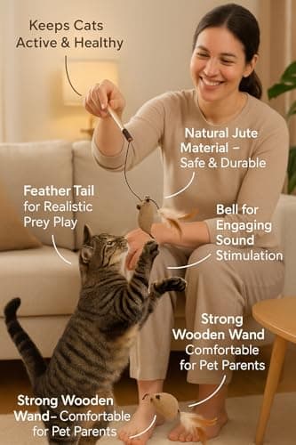 The Pets Company Interactive Cat Dangler Toy Stick with Bell & Feather Tail – Mouse Teaser Wand for Cats – Natural Jute, Exercise & Hunting Play – for Kittens & Adult Cats (Colour May Vary) 2