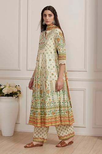 Biba Women Cream-Toned Cotton Printed Kalidar Suit Set_34 3
