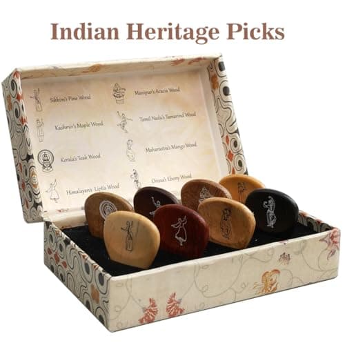 Kadence Heritage Wooden Guitar Picks – Set of 8 Handmade Picks with Indian State Woods & Art – Includes Maplewood, Teakwood, Ebonywood – For Acoustic & Electric Guitars 4