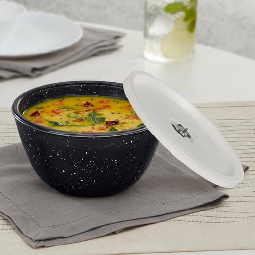 Borosil 750ml Serving & Mixing Bowl with Lid | Made in India Borosilicate Glass Bowl for Kitchen & Dinning | Bowl for Mixing Dough, Salad, Batter | Microwave & Dishwasher Safe (Pebble Black)