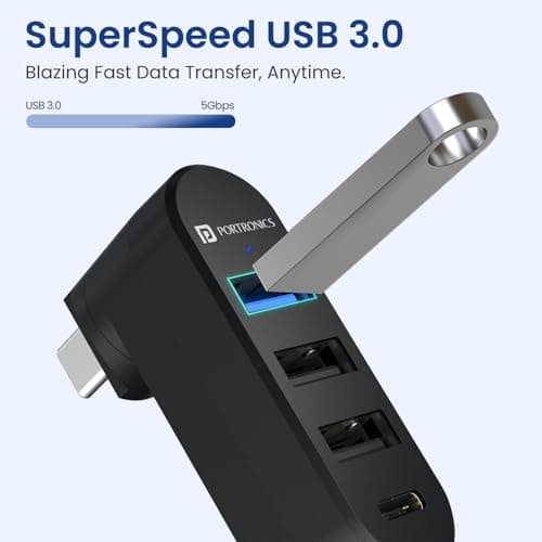 Portronics Mport Spin C, 4-in-1 Rotating USB Hub with Type-C Connector, USB 3.0, 2X USB 2.0 & Type-C Data Port, 180° Rotational Design, High-Speed Data Transfer, Plug & Play, Compact & Portable 4