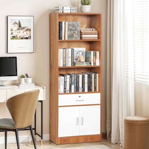 ABOUT SPACE 6 ft Book Shelf - Wooden Book Rack with 3 Open Shelves 1 Lockable Drawer & 1 Closed Cabinet with Magnetic Door Easy to Assemble Display Cabinet for Home (Teak, White-L 57 x B 30 x H 179cm)