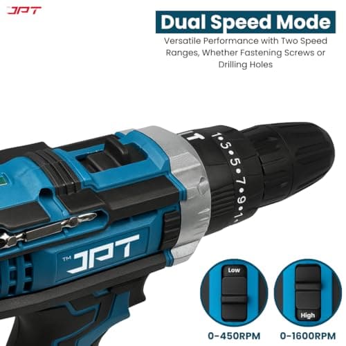 JPT 21V Heavy-Duty Impact Cordless Drill Machine | Max. 90N.M Torque | Max. 0-2000RPM Speed | 10MM Keyless Chuck | 25+3 Gears Setting | 2.0Ah Li-Ion Battery | 24Pcs Drill Accessories 3