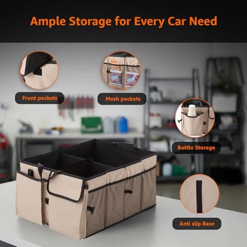 Amazon Basics Car Boot Organizer with 3 Large Compartments & 8 Mesh Pockets | Foldable 600D Oxford Storage Box with Lid & Securing Straps (Beige, 58×43×27 cm) 5