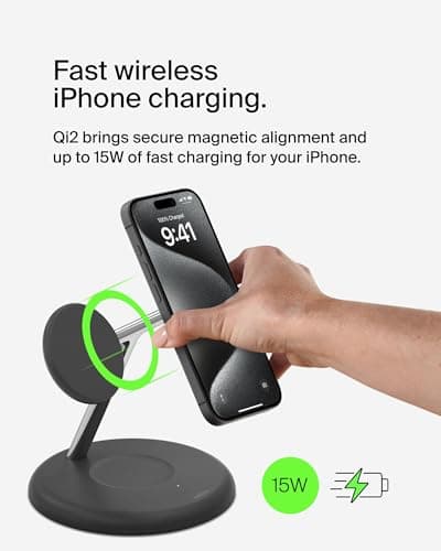 Belkin MagSafe 3-in-1 Qi2 Wireless Charger Stand 15W | Fast Charging iPhone Charger for iPhone 16, 15, 14 & 13 Series, AirPods, & Apple Watch | 36W Charger Included | Black 2