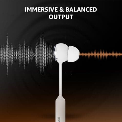 Amazon Basics Wired Earphones with 3.5mm Jack/Aux | in Ear Wired Earphones | Deep Bass, Tangle-Free Cable, Comfortable Fit | White 3