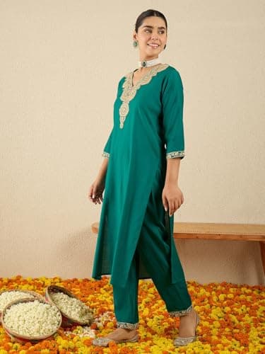 INDO ERA Women's Cotton Blend Yoke Embroidered Straight Fit Kurta & Pant Set (Green_IESTR11588_XX-Large) 5
