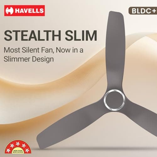 Havells Stealth Slim BLDC 1200 mm Ceiling Fan | Remote Controlled, High Air Delivery Fan | 5 Star Rated, Upto 50% Energy Saving, Reverse Rotation, 2 Year Brand Warranty | (Pack of 1, Stone Grey) 2