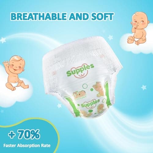Amazon Brand - Supples Premium Baby Diaper Pants | 54 Baby Diapers | XL | 12-17 Kg | 12 Hrs Absorption | Cushiony Cotton Soft Fabric | Phthalates-Free | Triple Leak Guard 3