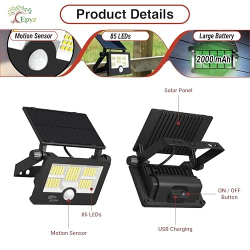 Epyz 20Watt Solar Flood Light Outdoor Waterproof with USB Type-C Charging Cable for Home Garden Wall Compound Entrance Automatic LED Lamp [ Pack of 1, White Light ] [ 2000mAh, 85LED ] 5