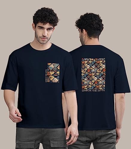 BULLMER Trendy Front and Back Printed Oversized Round Neck T-Shirt for Men - Blue/XX-Large 2