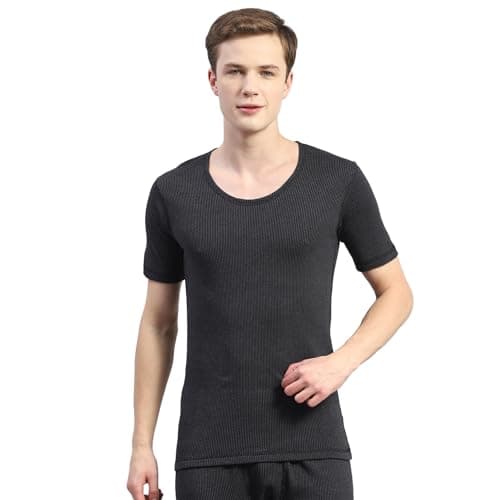 Monte Carlo Mens Black Solid Cotton Blend Round Neck Half Sleeve Thermal Vest (6230BM2BL-0-42)
