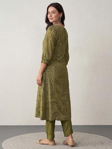 INDO ERA Women's Mustard Cotton Blend Floral Printed Straight Fusion Kurta & Pant with Dupatta Set 4