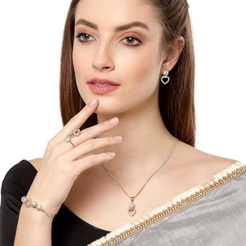ZENEME Jewellery Set American Diamond Heart Shaped Necklace Set with Earrings, Bracelet and Ring Jewellery for Girls and Women 4