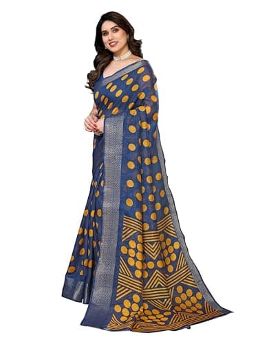 Women's Cotton Blend Printed Jaquard Border Saree with Unstitched Blouse Piece BZ_4307_Kaveri Goli Firozi-Yellow 2