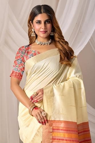 Amazon Brand - Anarva Women's Silk Saree With Blouse Piece | saree for women (snv-sada-bahar-cream) 4