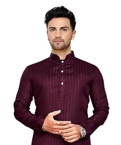 Enmozz Men's Textured Lining Ethnic Kurta Pyjama Maroon 3