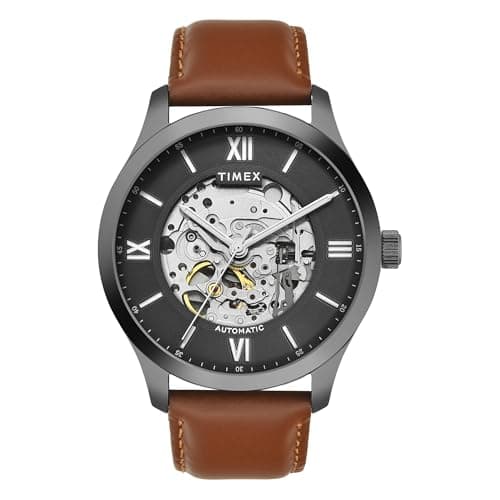 TIMEX Automatic Watch for Man with Grey Round Dial & Brown Leather Strap Band Water Resistant Men's Wrist Watches - TWEG208SMU14