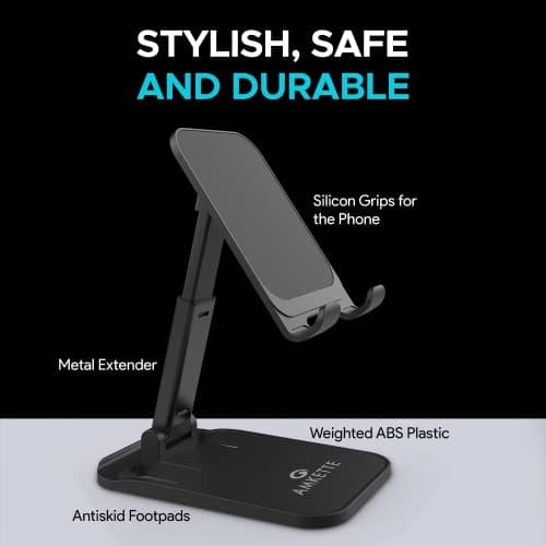 Amkette Ergo Desk Phone Holder, Foldable Mobile Stand with Height Adjustable Design and Anti-Slip Silicone Grips for Office and Home use, Compatible with Smartphones and Tablets (Black) 2