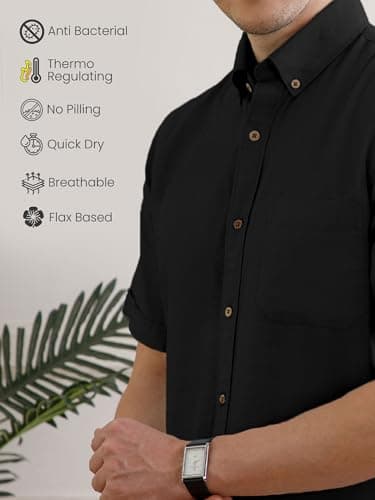 THE FORMAL CLUB Men's Premium Linen/Cotton Blend Shirt | Smart Fit | Half Sleeves | Button Down Collar | American Placket | Raven Colour | Casual Wear | Made in India | Pack of 1. 5