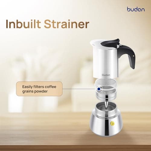Budan Induction Moka Pot 6 Cup Stainless Steel Espresso Maker | Stovetop & Induction Compatible | Durable Steel Body | Brews 4-6 Cups | Espresso, Americano & More (180ml) 5