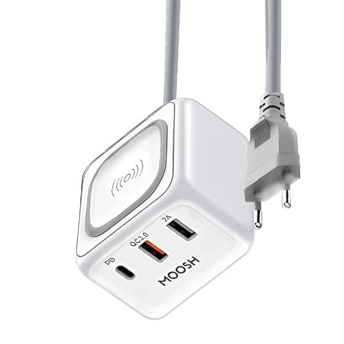 Moosh USB Charger Multi Port Wireless Charging Station 33W Cube with 10W Wireless Charging Dock 18W Power Delivery Type C Port + QC 3.0 + USB A Home Charger 1.5M Cable India Pin Smart Charger (White)