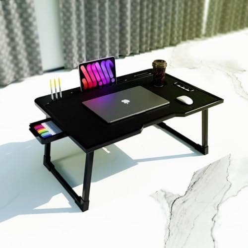 Mini Laptop Table for Bed Foldable Wooden Smart Study Table with Drawer New Kids & Adults (US Black Mold COTED) 2