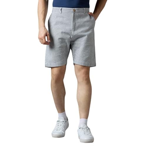 Ink India Company Men Striped Regular Fit Flat-Front Linen Shorts (in, Alpha, M, Regular, Blue Striper)