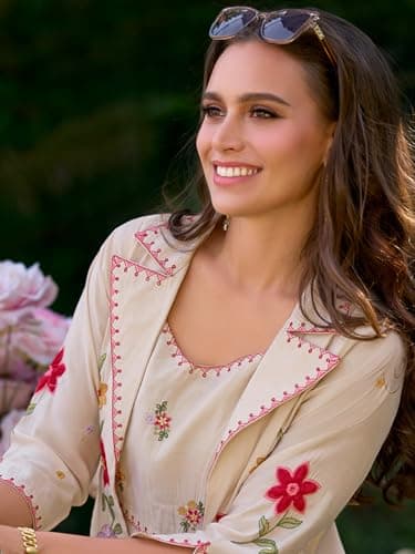 INDO ERA Women's A-Line Silk Blend Floral Embroidered Kurta with Shrug and Palazzo Set (Cream_IEOUT10577_Medium) 5