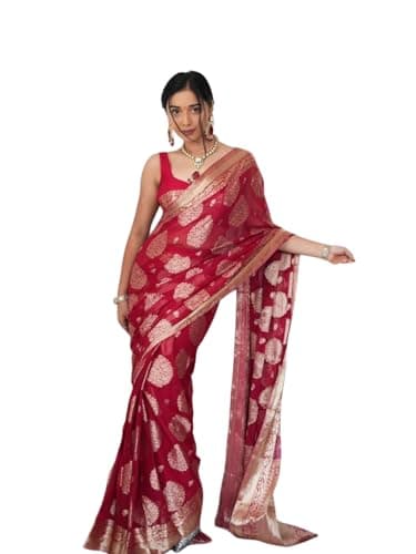 Shiv Textiles Women's Silk Blend Dual Tone Jacquard Ready To wear Saree(S-5039-Red)