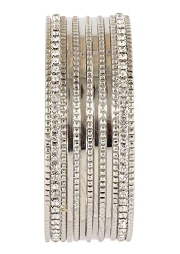 NMII Non-Precious Metal Base Metal with Zircon Gemstone Studded Worked Glossy Finished Bangle Set For Women and Girls, (Silver_2.4 Inches), Pack Of 52 Bangle Set 4