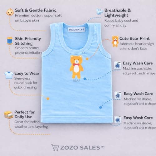 ZOZO SALES Unisex Baby Vest Sleeveless Cotton Baniyan | Kid's Sando Baniyan, Kids Vest | Soft & Breathable Baby Jabla |Toddler Innerwear for Boys & Girls, Cute Animal Print | Multicolor Pack of 6 2